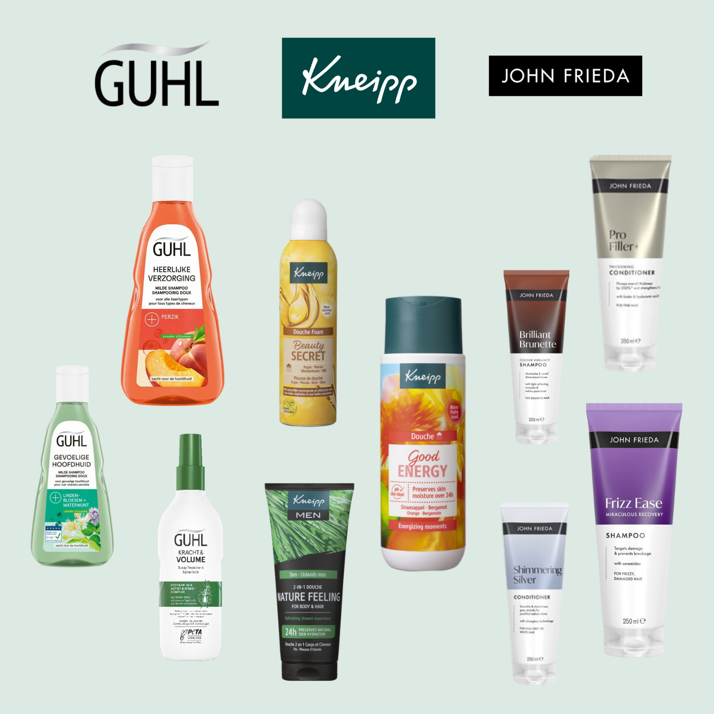 Selectie producten van Kneipp, John Frieda en Guhl
